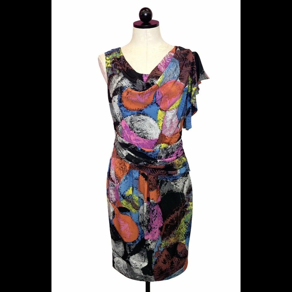 JULIE DILLON Multi-Color Ruffle Cowl Grecian Drape Party Dress Ladies Size 2 XS